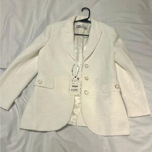 ZARA White Buttoned Textured Weave Blazer Size S. New W Tags.